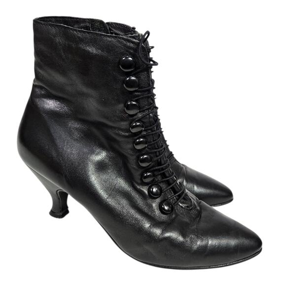 Vintage Poppies Leather Granny Boots Black Ankle Booties Pointy Kitten Heel 7.5 - Picture 1 of 16